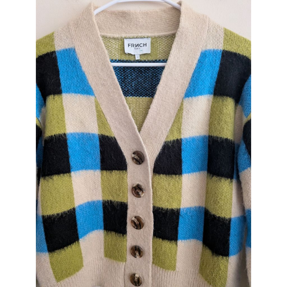 Women's FRNCH S Beige Blue Plaid Cardigan, Size S - Picture 4 of 7